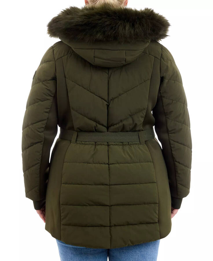 Plus Size Belted Faux-Fur-Trim Hooded Puffer Coat Olive - 2