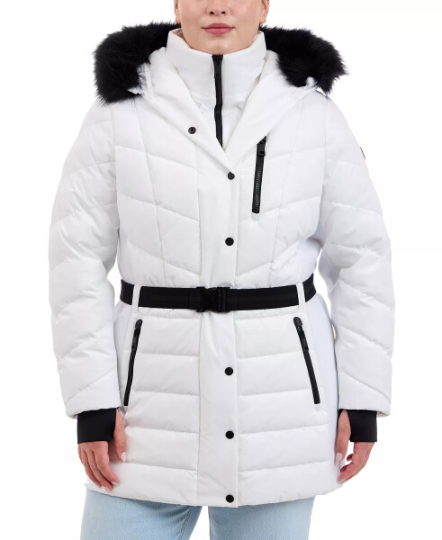 Plus Size Belted Faux-Fur-Trim Hooded Puffer Coat White - 1