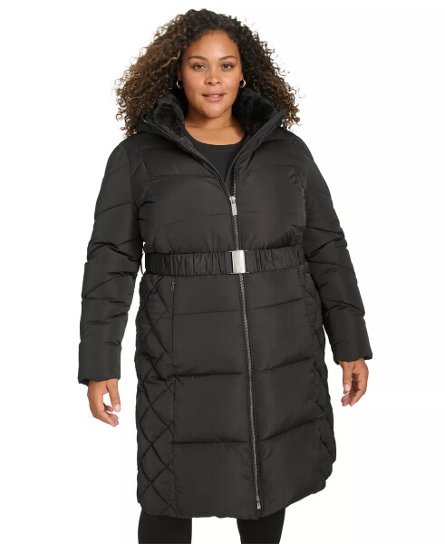 Plus Size Belted Hooded Puffer Coat Black - 1