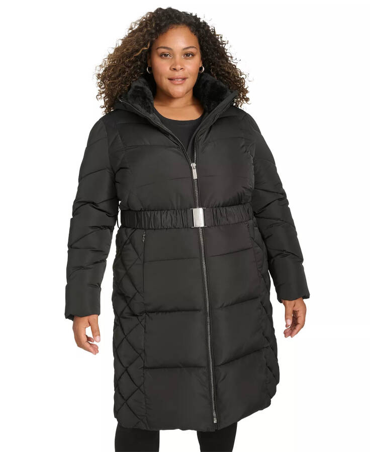 Plus Size Belted Hooded Puffer Coat Black - 1