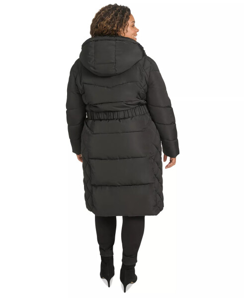 Plus Size Belted Hooded Puffer Coat Black - 2