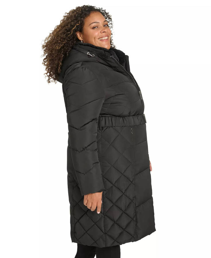 Plus Size Belted Hooded Puffer Coat Black - 3