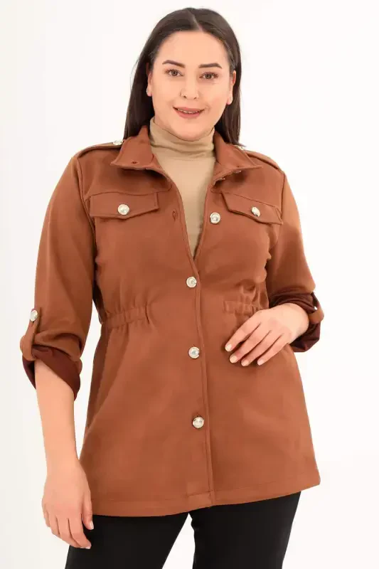 Plus Size Belted Trench Coat with Pocket Detail in Brown - BÜYÜKBEDENIZ