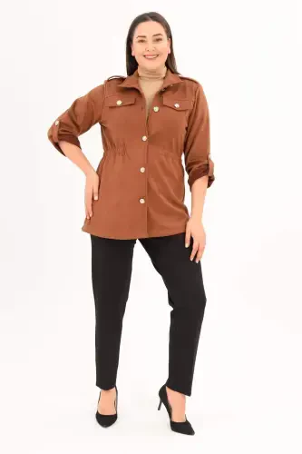 Plus Size Belted Trench Coat with Pocket Detail in Brown - BÜYÜKBEDENIZ (1)