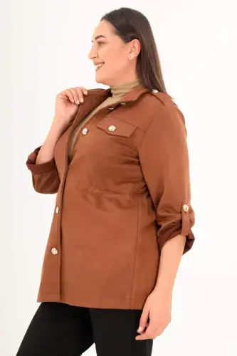 Plus Size Belted Trench Coat with Pocket Detail in Brown - 3