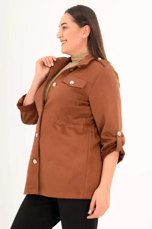 Plus Size Belted Trench Coat with Pocket Detail in Brown - 3