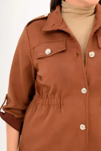 Plus Size Belted Trench Coat with Pocket Detail in Brown - 4