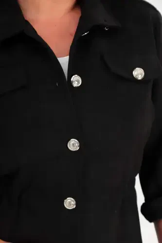 Plus Size Belted Trench Coat with Pockets in Black - 1