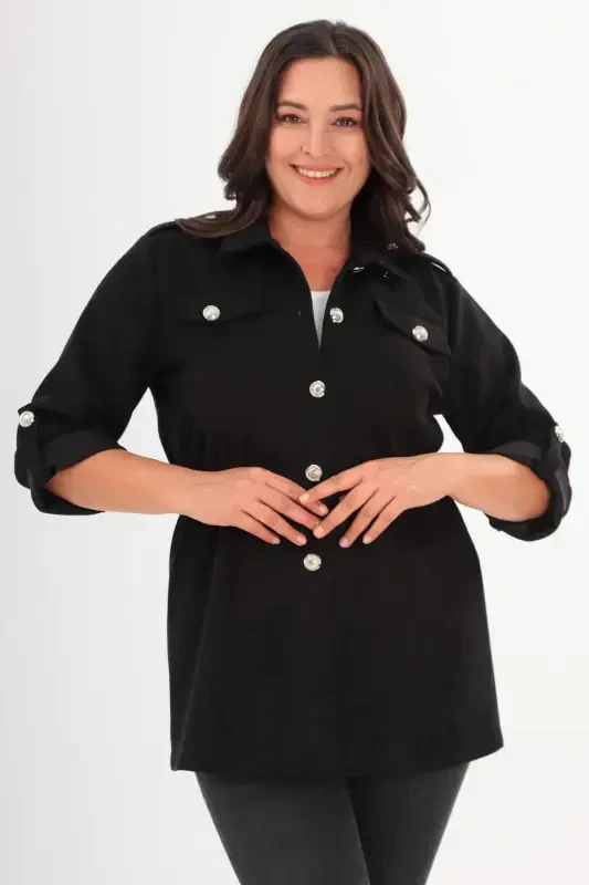 Plus Size Belted Trench Coat with Pockets in Black - 3