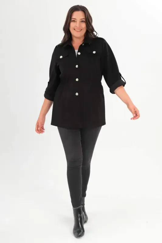Plus Size Belted Trench Coat with Pockets in Black - 4