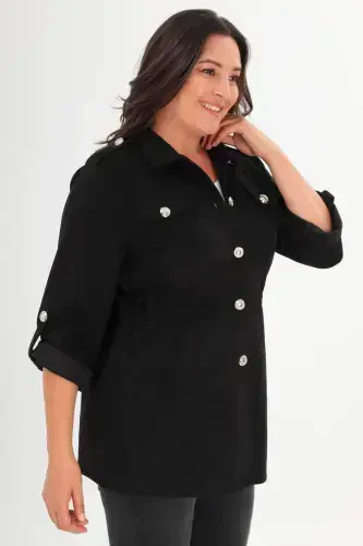 Plus Size Belted Trench Coat with Pockets in Black - 5