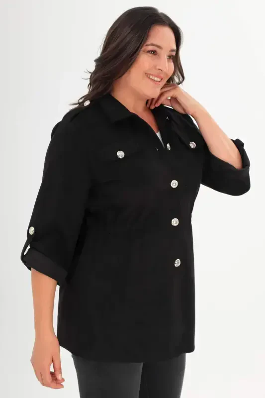 Plus Size Belted Trench Coat with Pockets in Black - 5