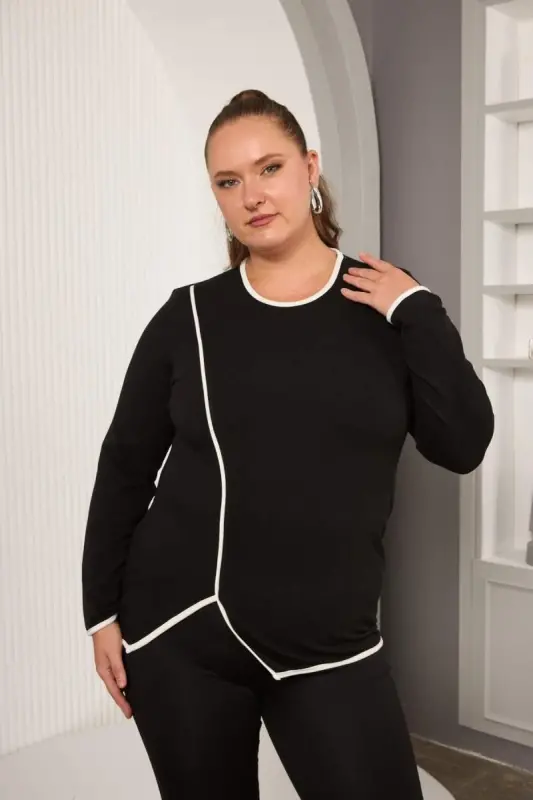 Plus Size Bias-Cut Blouse Black - 1