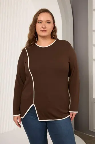 Plus Size Bias-Cut Blouse Brown - 1