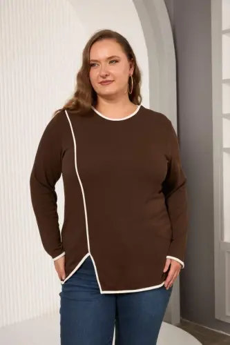 Plus Size Bias-Cut Blouse Brown - BÜYÜKBEDENIZ (1)