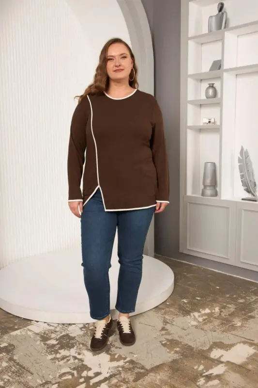 Plus Size Bias-Cut Blouse Brown - 6