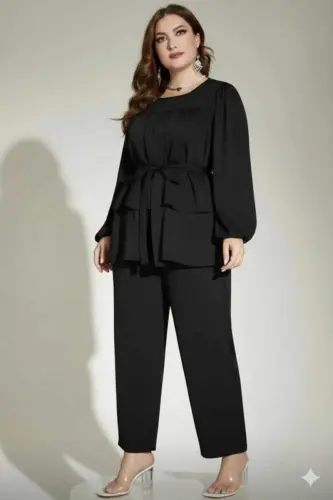 Plus Size Black Belted Blouse and Trousers Set, Comfortable Cut Trousers Outfit Up to Size 62, ND4033 - 1