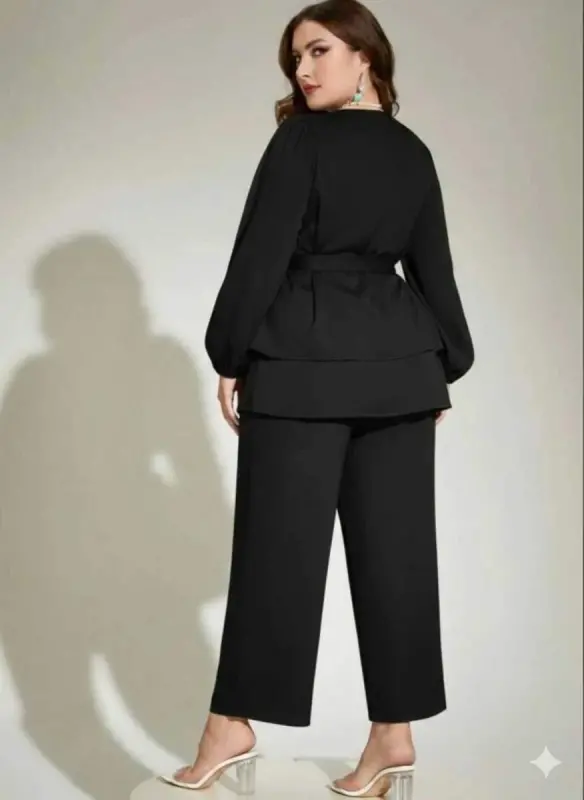 Plus Size Black Belted Blouse and Trousers Set, Comfortable Cut Trousers Outfit Up to Size 62, ND4033 - 2