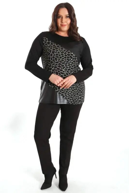 Plus Size Black Blouse with Front Leather Trim - 3
