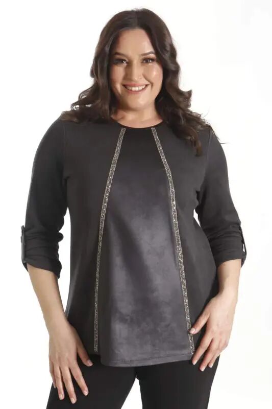 Plus Size Black Blouse with Leather Patches and Stone Strip - 1