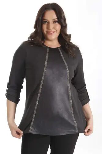 Plus Size Black Blouse with Leather Patches and Stone Strip - 3