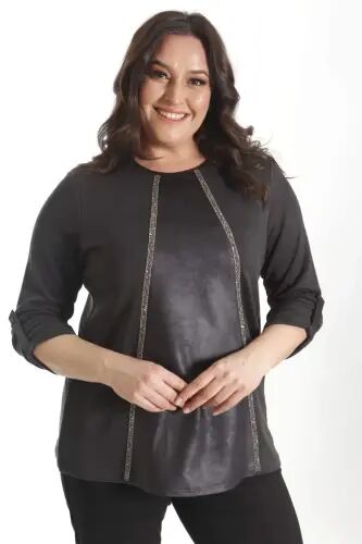 Plus Size Black Blouse with Leather Patches and Stone Strip - 5