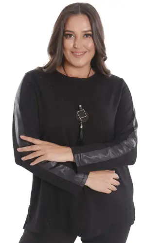 Plus Size Black Blouse with Leather Strip Detail on Sleeves and Integrated Rhinestones - 1