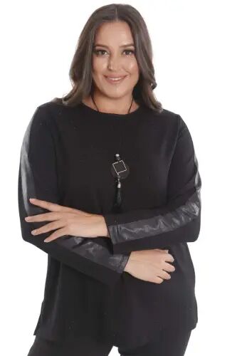Plus Size Black Blouse with Leather Stripe Detail on Sleeve and Embedded Stones - 1