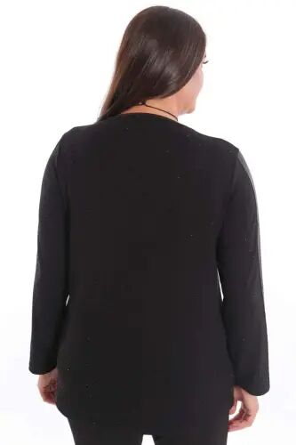 Plus Size Black Blouse with Leather Stripe Detail on Sleeve and Embedded Stones - 6