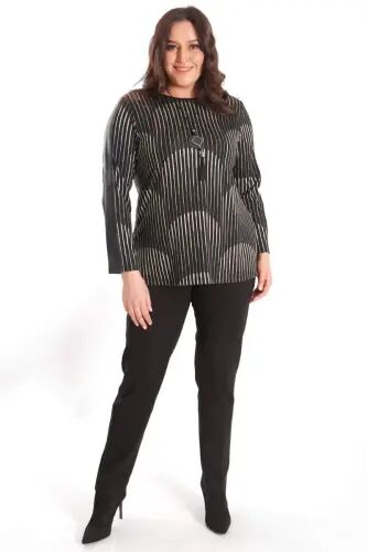 Plus Size Black Blouse with Leather Striped Sleeves - 2