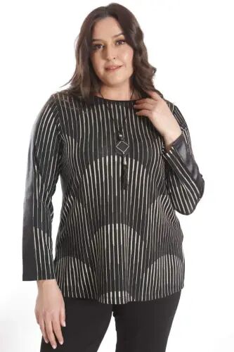 Plus Size Black Blouse with Leather Striped Sleeves - 3