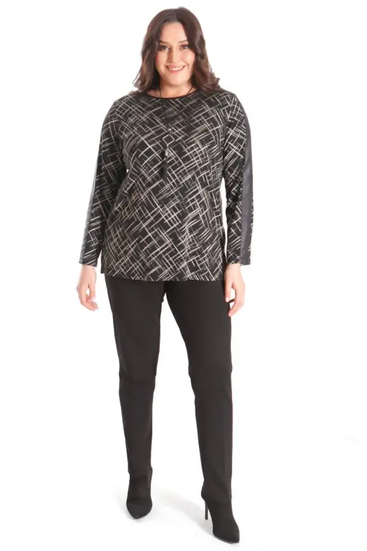 Plus Size Black Blouse with Necklace Detail and Leather Striped Sleeves - 4