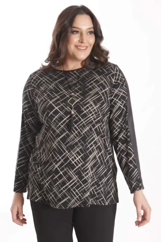 Plus Size Black Blouse with Necklace Detail and Leather Striped Sleeves - 5