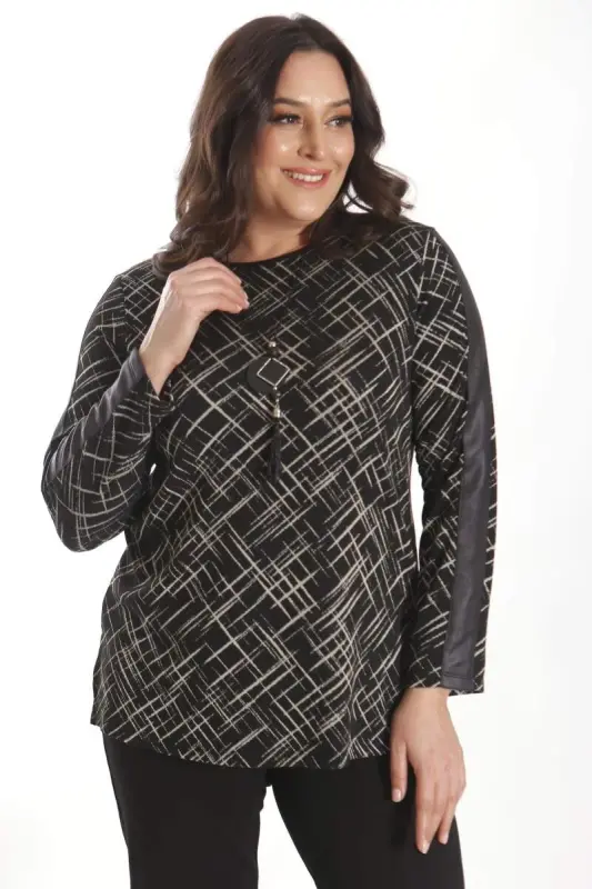 Plus Size Black Blouse with Necklace Detail and Leather Striped Sleeves - 6