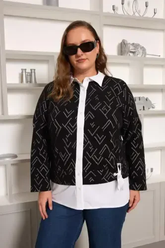 Plus Size Black Cardigan with Poplin Trim - 1