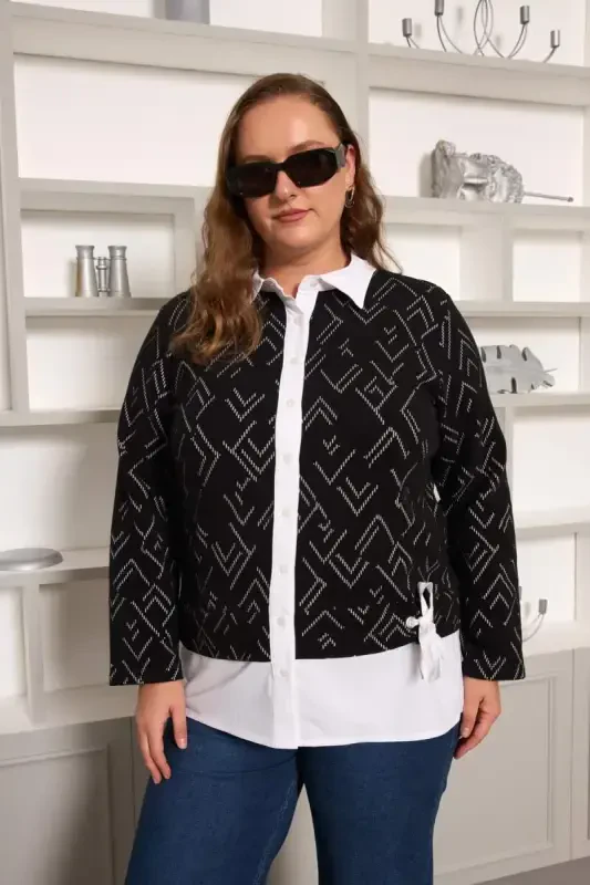 Plus Size Black Cardigan with Poplin Trim - 1