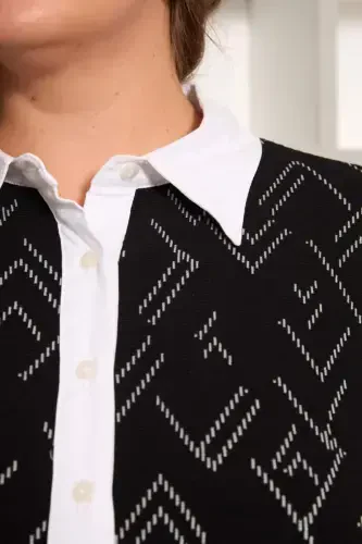 Plus Size Black Cardigan with Poplin Trim - 3