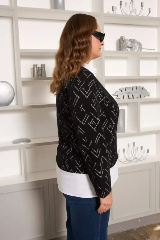 Plus Size Black Cardigan with Poplin Trim - 4