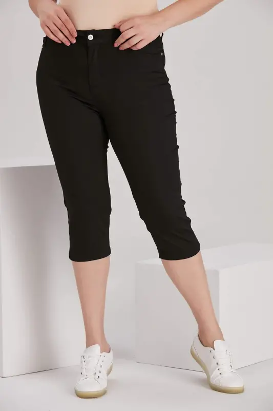 Plus Size Black Cotton Capri - BÜYÜKBEDENIZ