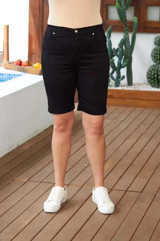 Plus Size Black Cotton Shorts with Elastic Waist - 1