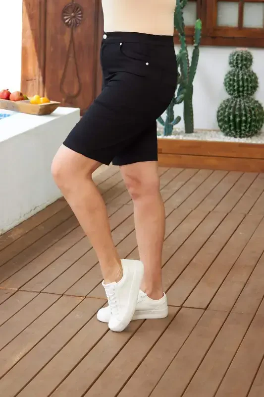 Plus Size Black Cotton Shorts with Elastic Waist - 3