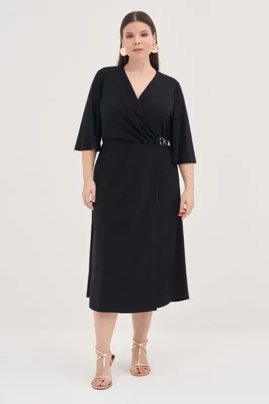 Plus Size Black Crossover Dress with Ring Detail GLS45 - BÜYÜKBEDENIZ