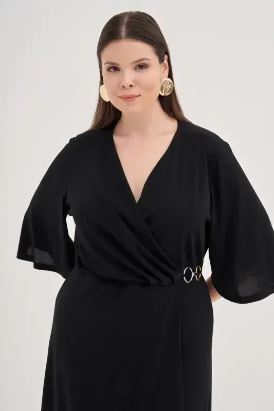 Plus Size Black Crossover Dress with Ring Detail GLS45 - 2