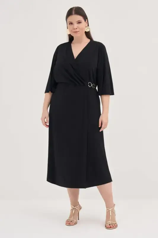 Plus Size Black Crossover Dress with Ring Detail GLS45 - 3