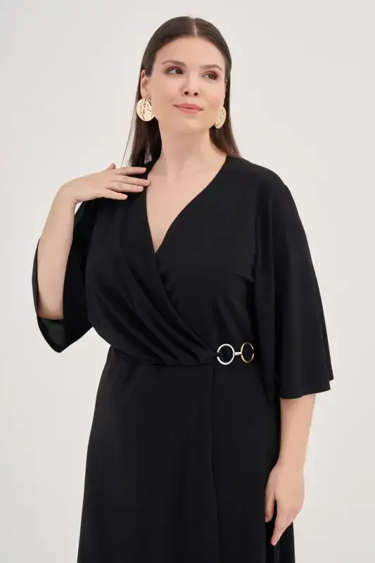 Plus Size Black Crossover Dress with Ring Detail GLS45 - 4