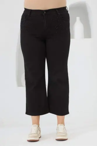 Plus Size Black Denim Jeans with Rhinestone Detail - 1