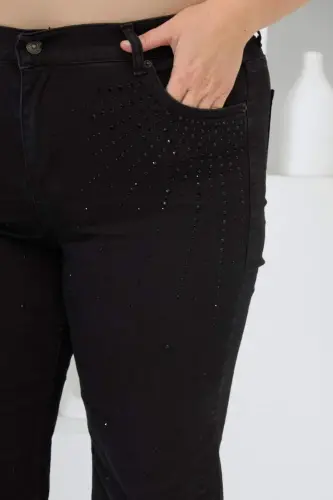 Plus Size Black Denim Jeans with Rhinestone Detail - 3