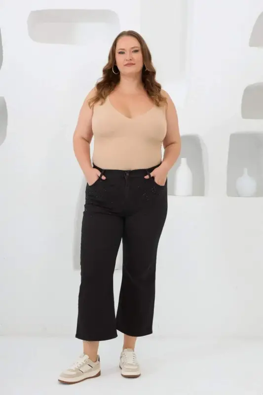 Plus Size Black Denim Jeans with Rhinestone Detail - 5