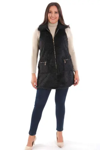 Plus Size Black Fur Vest with Zipper and Pocket Detail - 4