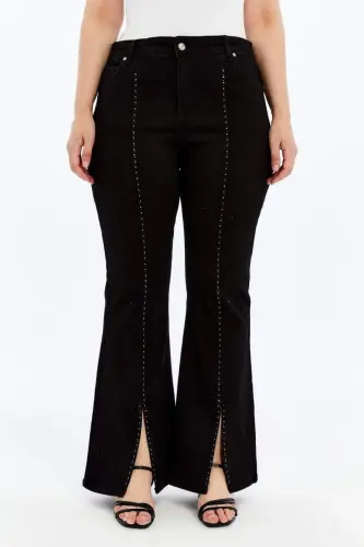 Plus Size Black Jeans with Stone Detail and Slit at Hems - 1